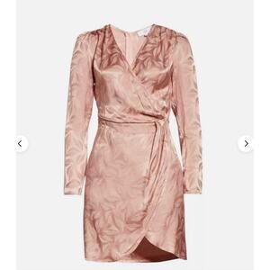 NSR Nara Dress Pink Faux Wrap Long Sleeve Leaf Print Women's Large